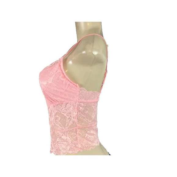 Free People S Pink Lace V-Neck Scallop Trim Adjustable Straps Crop Camisole Top - Picture 3 of 7